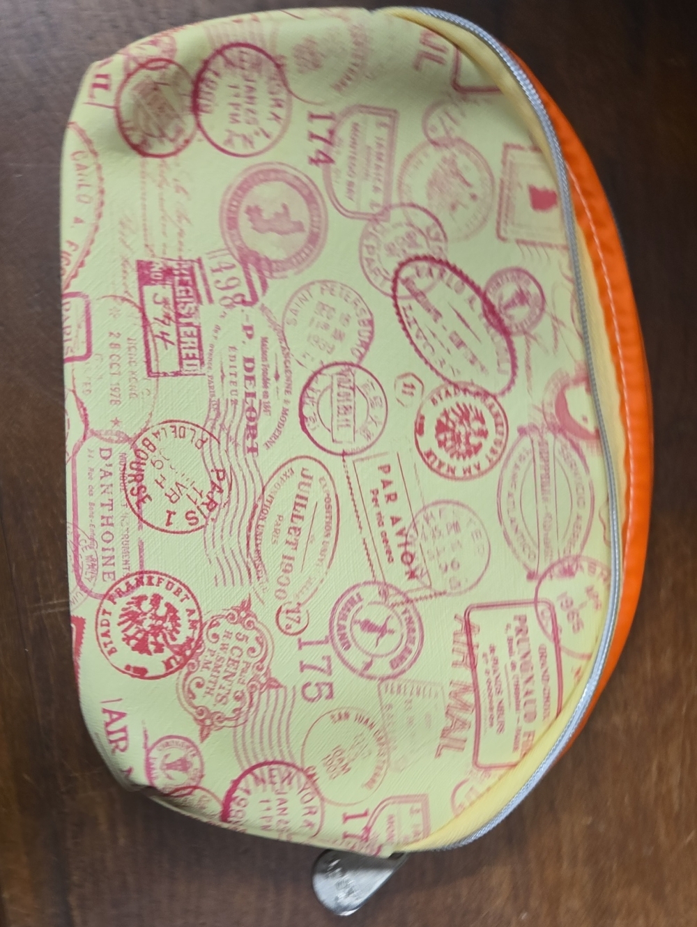 ipsy Yellow Cosmetic Pouch with Pink Stamp Print and Orange Trim